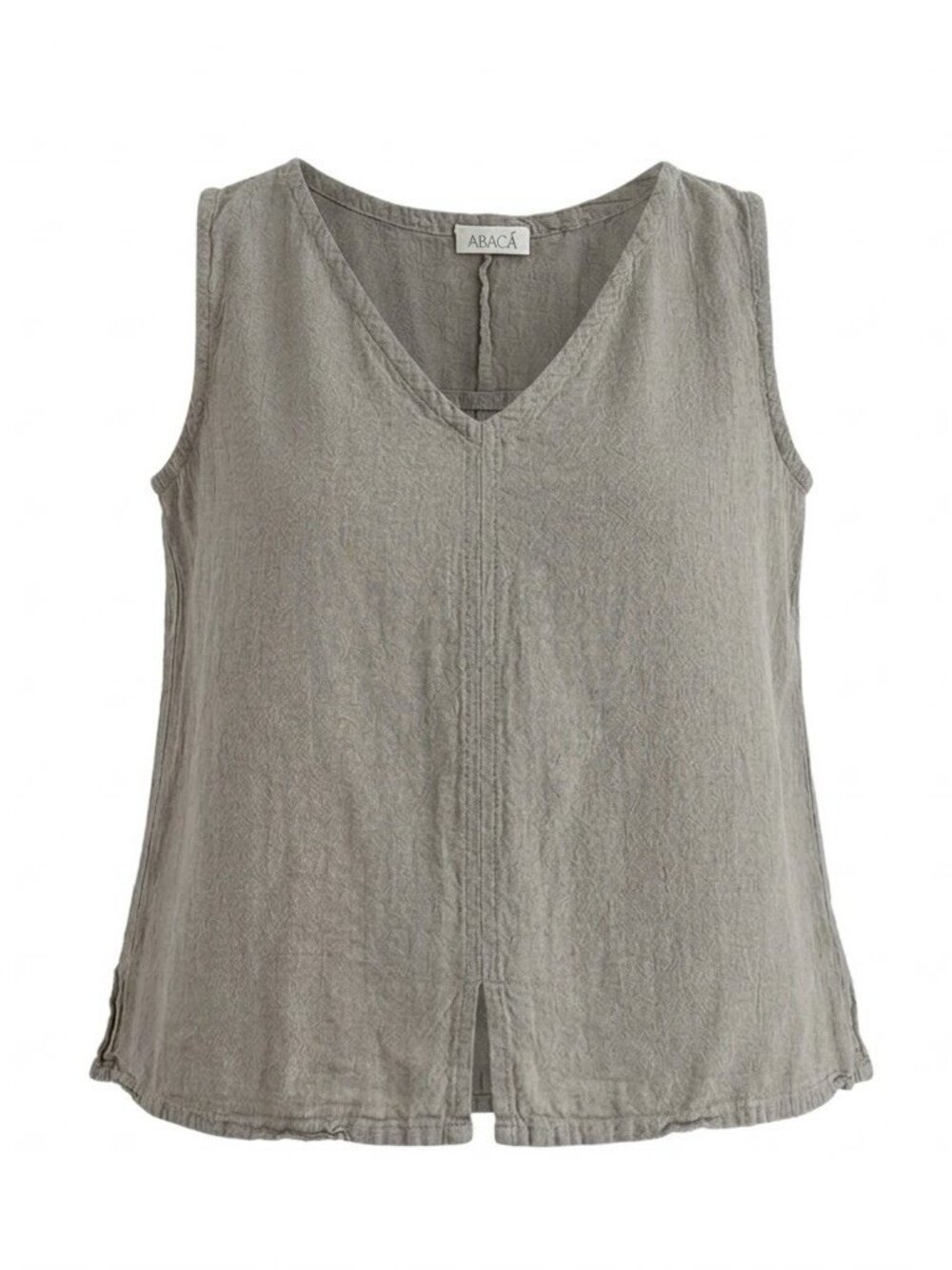 ABACÁ Women's L Brown 100% Cotton V-Neck Sleeveless Tank Top Pleat Seam Slit